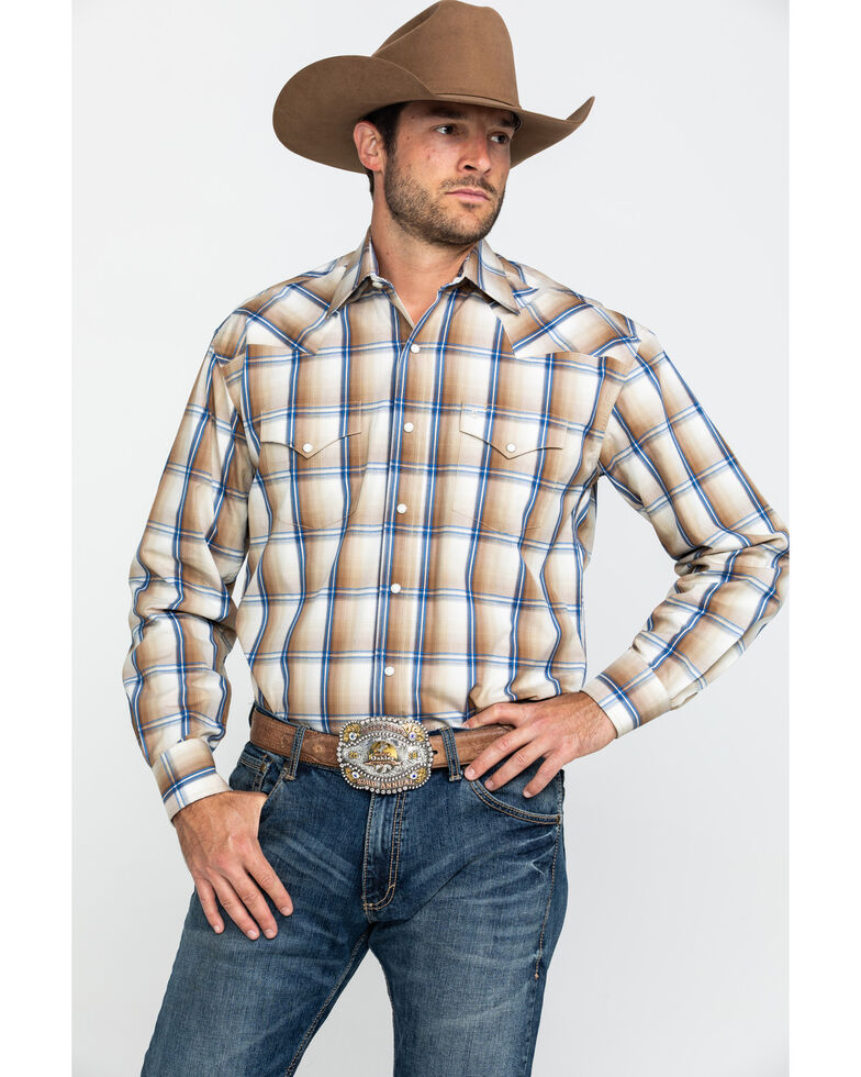 Roper Men's Wheat Ombre Plaid Long Sleeve Western Shirt , Brown, hi-res