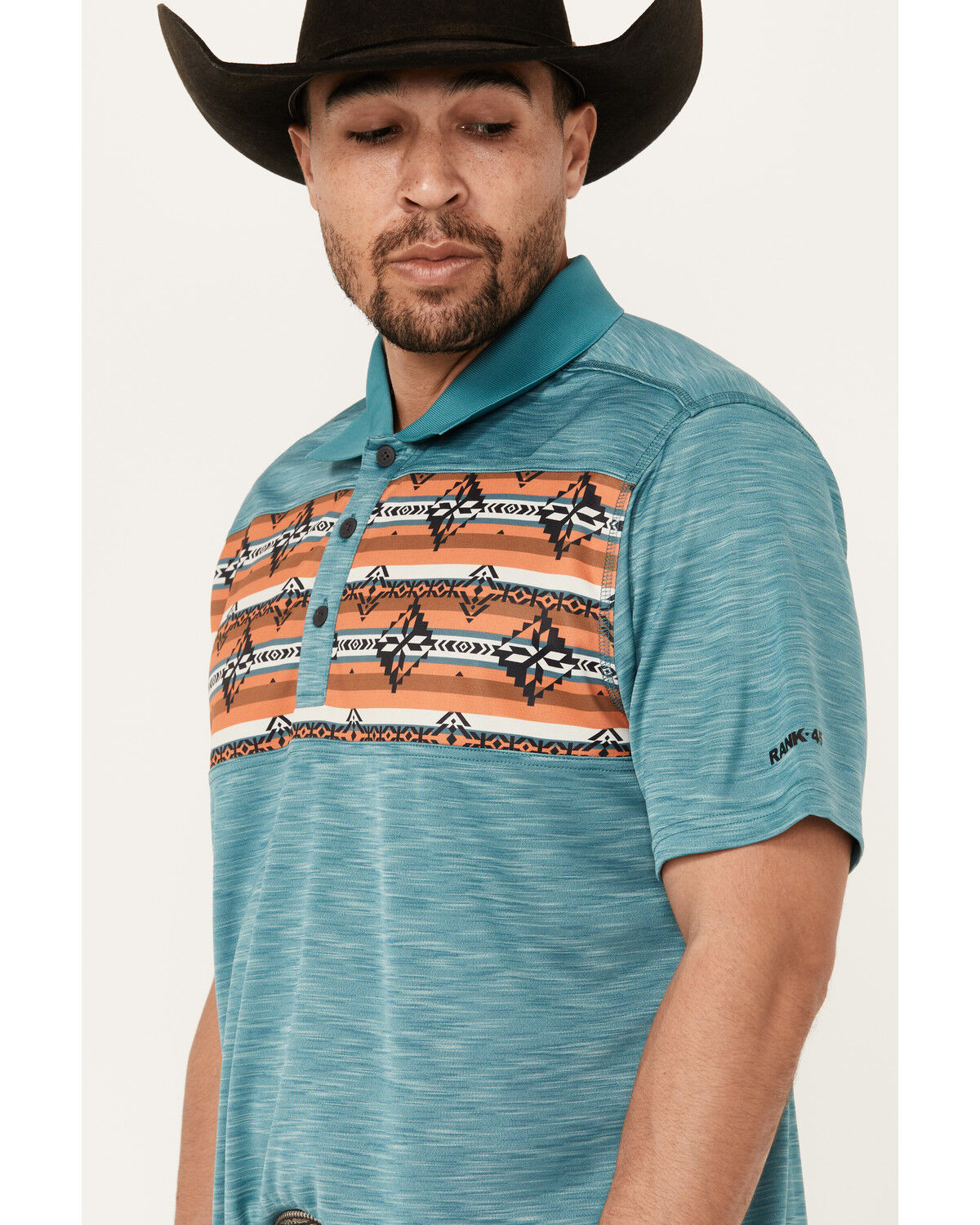 Image #2 - RANK 45® Men's Jacinto Southwestern Border Striped Short Sleeve Polo Shirt, Teal, hi-res