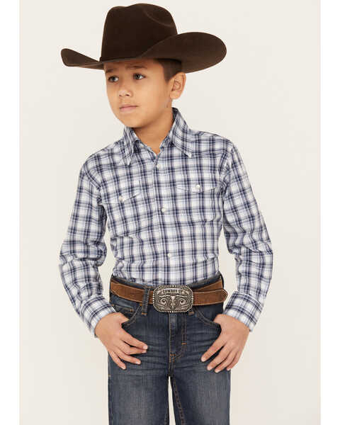 Wrangler Boys' Plaid Print Long Sleeve Western Snap Shirt, Blue, hi-res