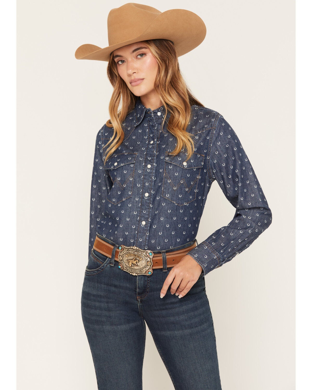 Image #1 - Wrangler Retro Women's Dark Wash Horseshoe Print Denim Long Sleeve Snap Western Shirt, Dark Wash, hi-res