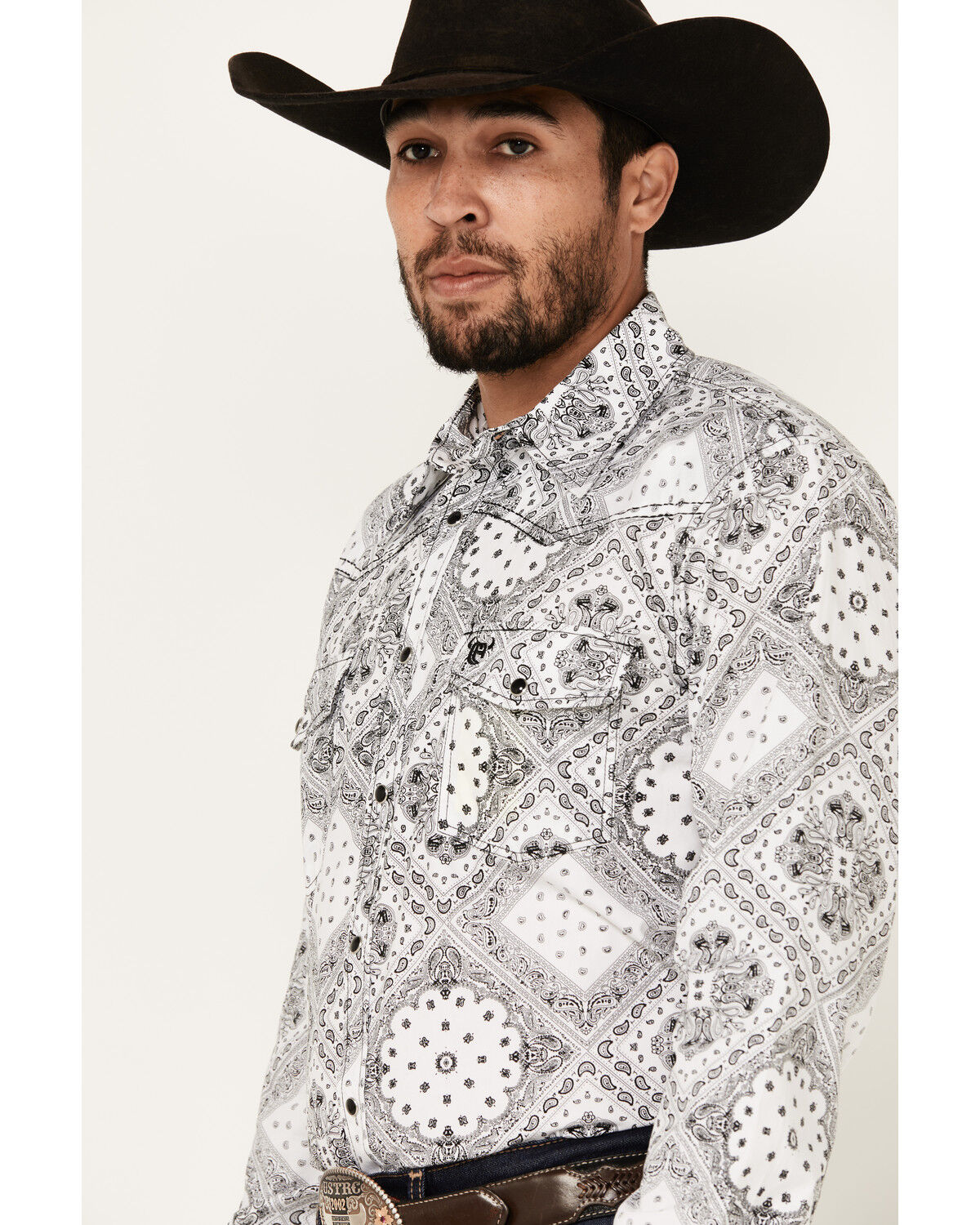 Image #2 - Cowboy Hardware Men's Bandana Print Long Sleeve Pearl Snap Western Shirt, White, hi-res
