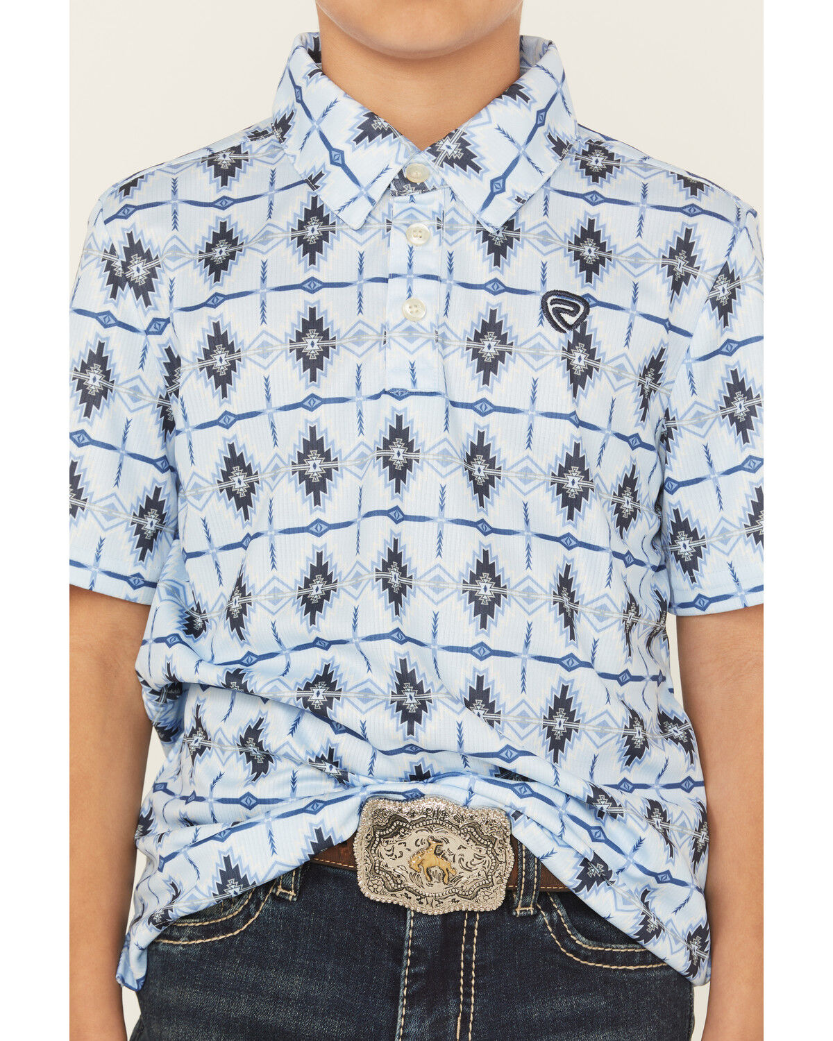Image #3 - Rock & Roll Denim Boys' Southwestern Striped Short Sleeve Snap Western Shirt, Blue, hi-res