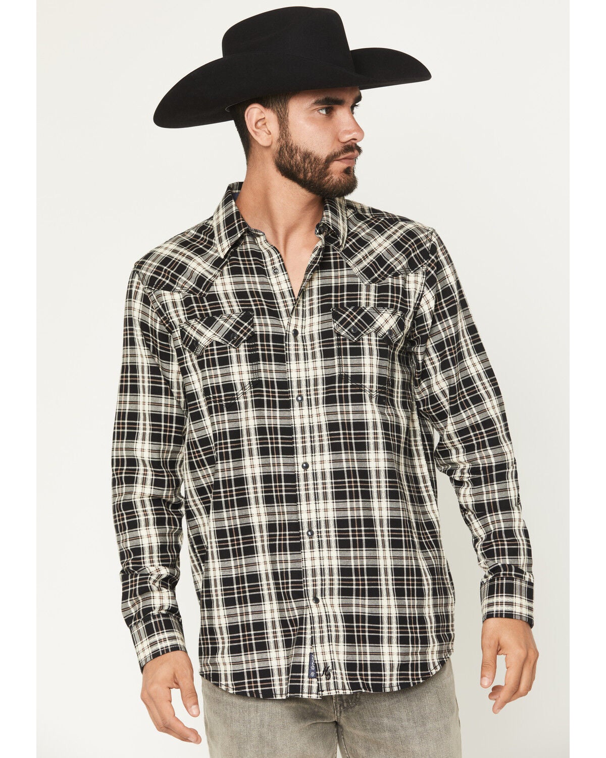 Moonshine Spirit&reg; Men's Viper Dobby Plaid Print Long Sleeve Snap Western Shirt, Black, hi-res