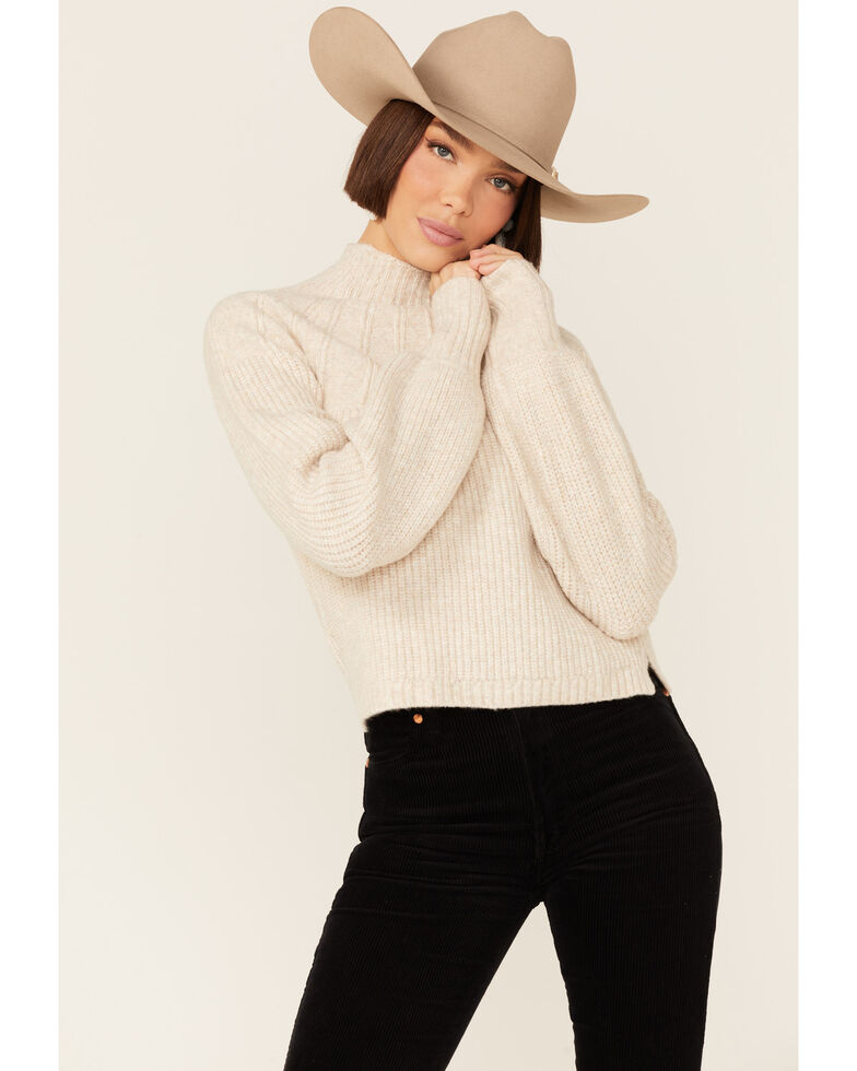 Shyanne Women's Tan Seamed High Neck Wool Blend Pullover Sweatshirt, Tan, hi-res