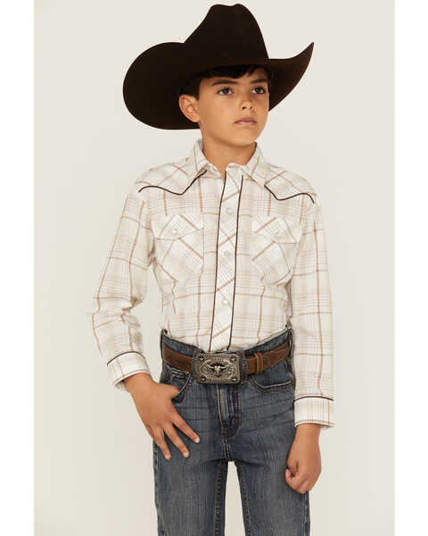 Roper Boys' Plaid Print Embroidered Long Sleeve Western Pearl Snap Shirt, Brown, hi-res