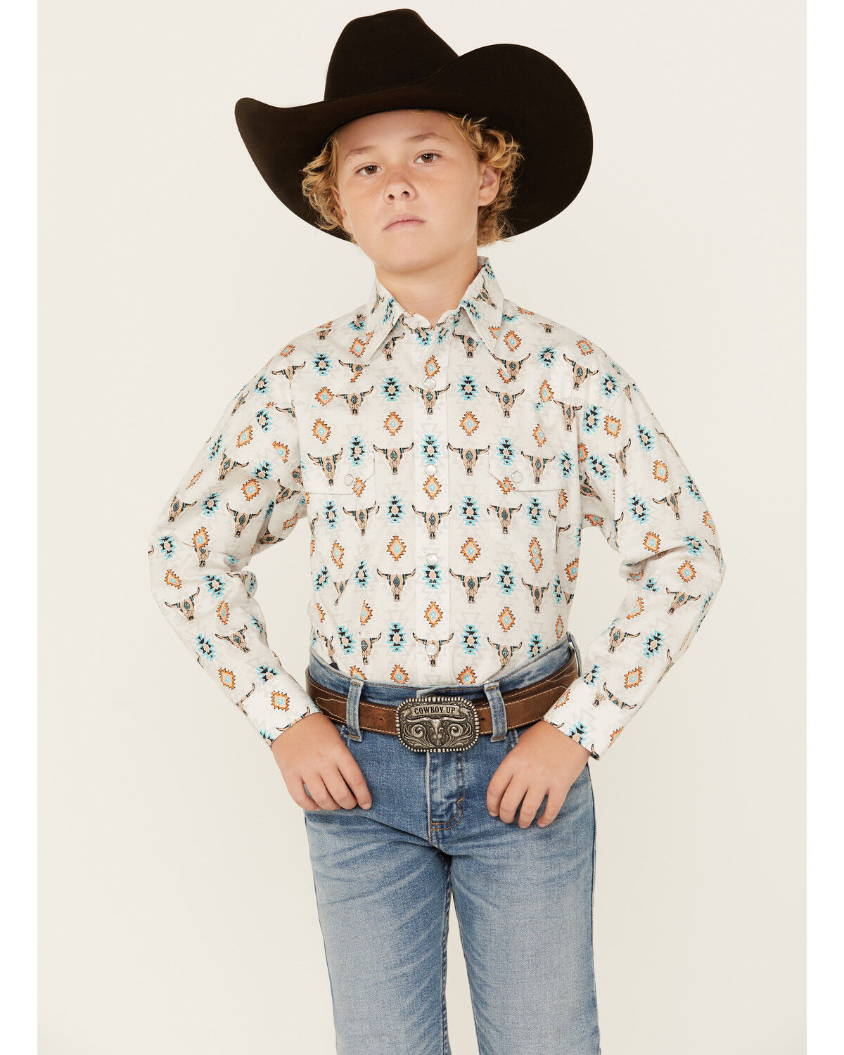 Image #1 - Rock & Roll Denim Boys' Steer Head Southwestern Print Long Sleeve Pearl Snap Stretch Western Shirt, White, hi-res