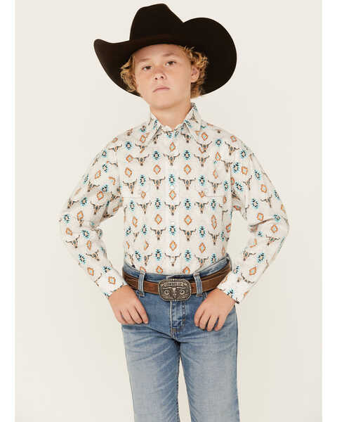 Image #1 - Rock & Roll Denim Boys' Steer Head Southwestern Print Long Sleeve Pearl Snap Stretch Western Shirt , White, hi-res