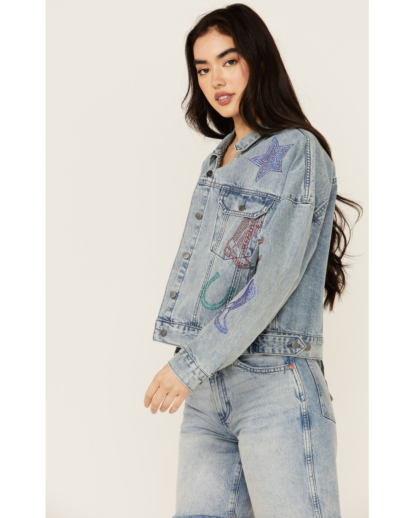 Rock Roll Denim Women s Light Wash Rhinestone Embellished Denim Jacket Sheplers