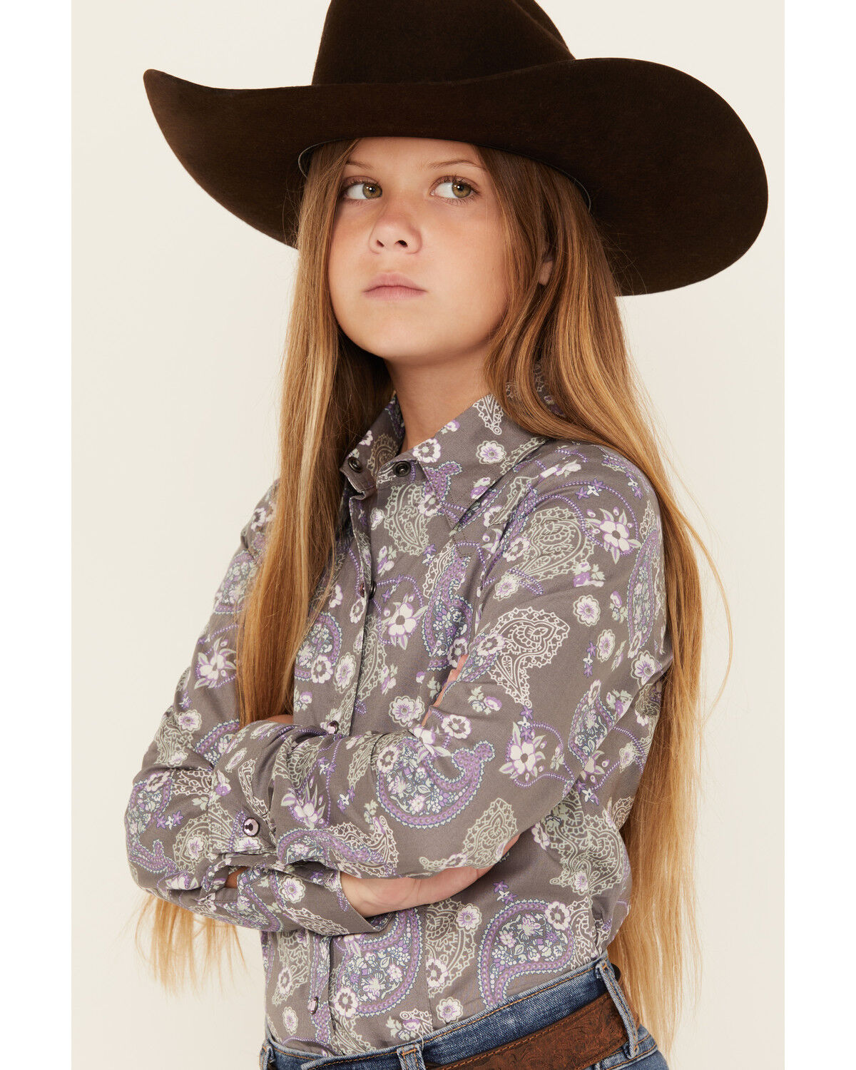 Image #2 - Cruel Girl Girls' Paisley Print Long Sleeve Snap Western Shirt, Grey, hi-res