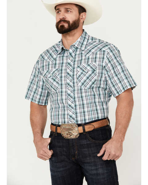 Image #1 - Wrangler Men's Plaid Print Short Sleeve Snap Western Shirt, Teal, hi-res