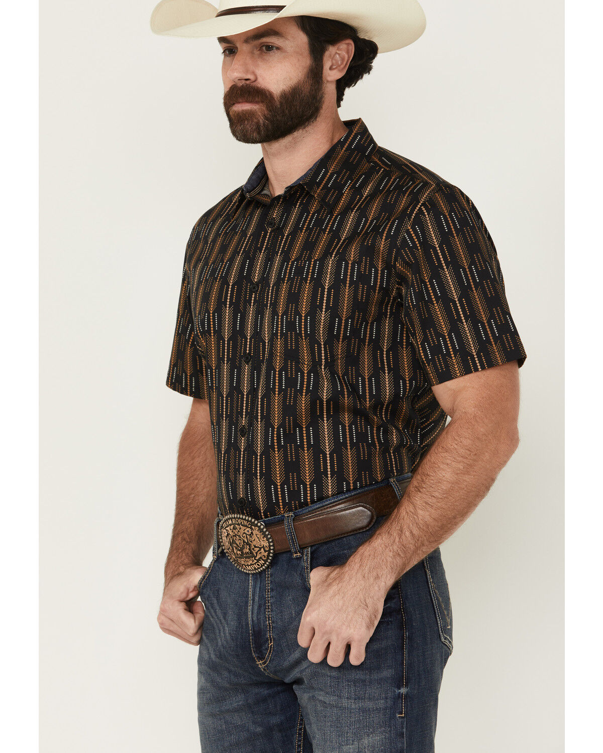 Image #2 - Cody James Men's Cactus Dobby Striped Print Short Sleeve Button-Down Stretch Western Shirt, Black, hi-res