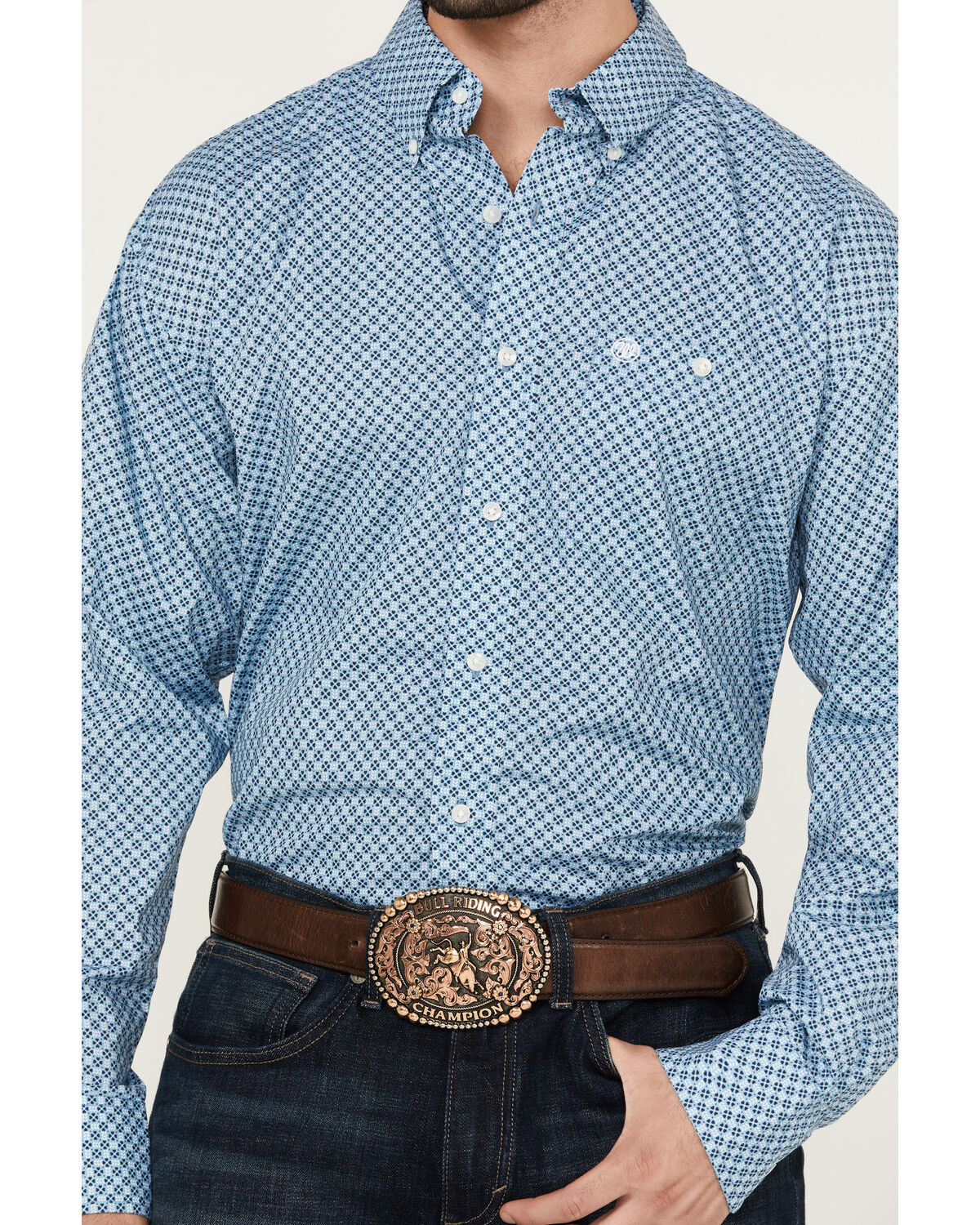Image #3 - Wrangler Men's Classic Geo Print Long Sleeve Button-Down Western Shirt, Blue, hi-res