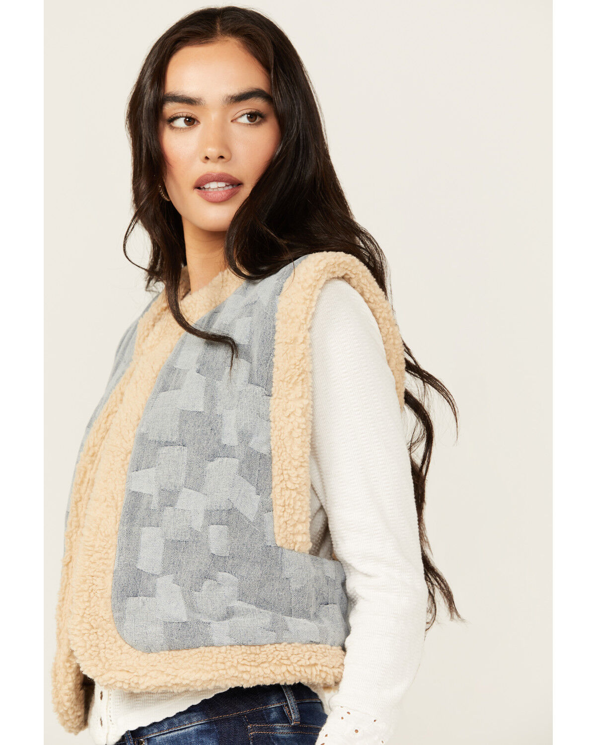 Image #2 - Miss Me Women's Geo Print Fleece Lined Vest, Light Blue, hi-res