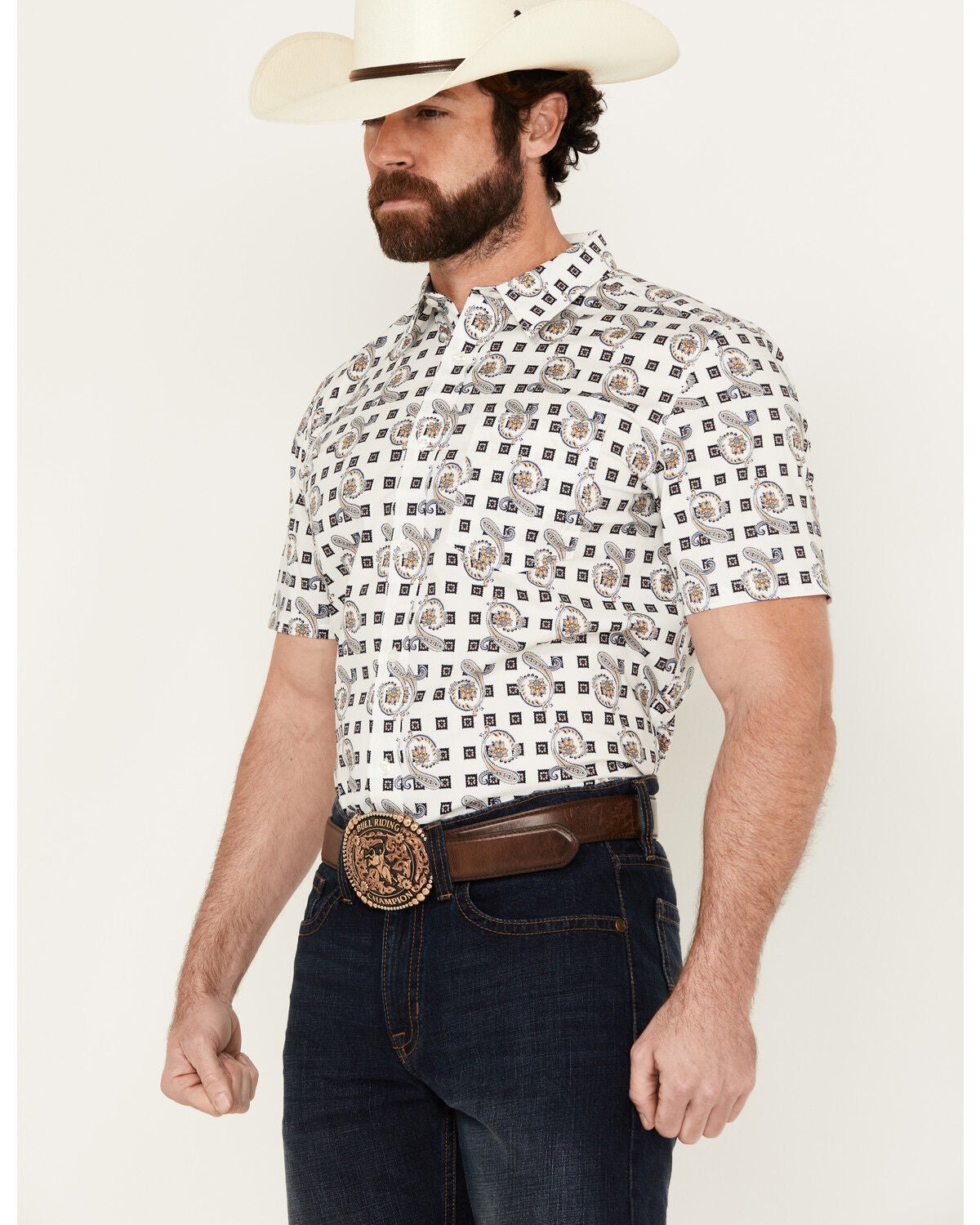 Image #2 - Cody James Men's Geo Paisley Print Short Sleeve Button-Down Stretch Western Shirt, White, hi-res