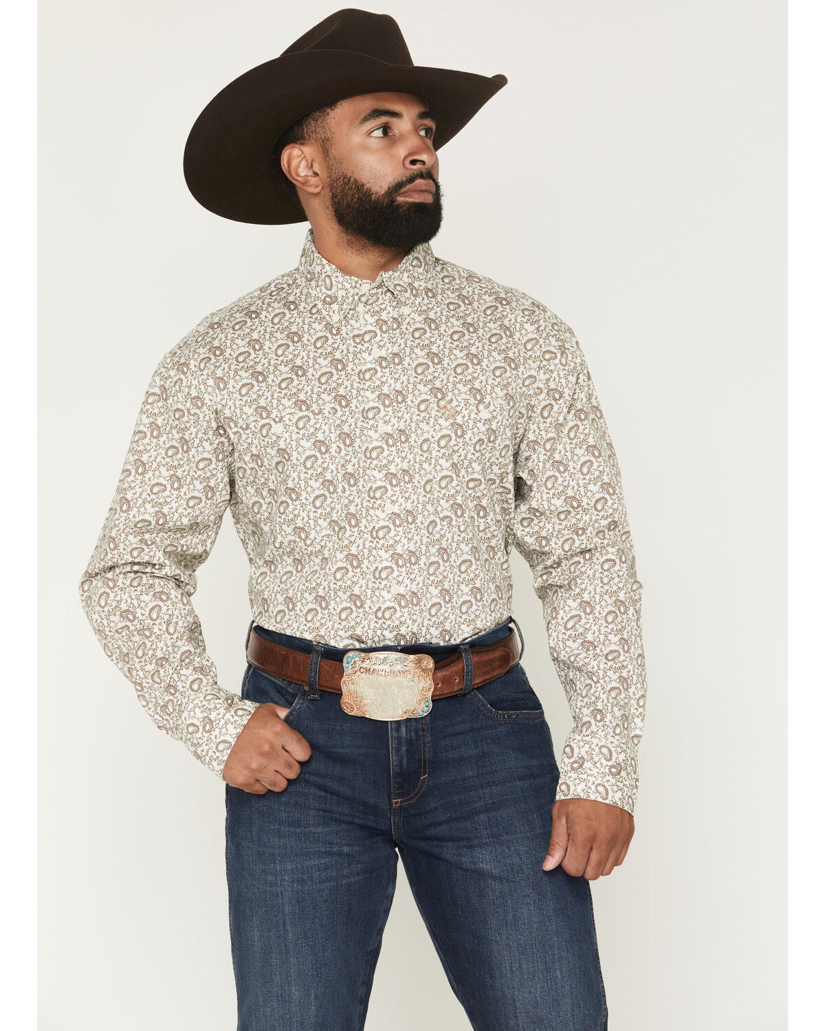 Image #1 - George Strait by Wrangler Men's Paisley Print Long Sleeve Button-Down Stretch Western Shirt, Brown, hi-res