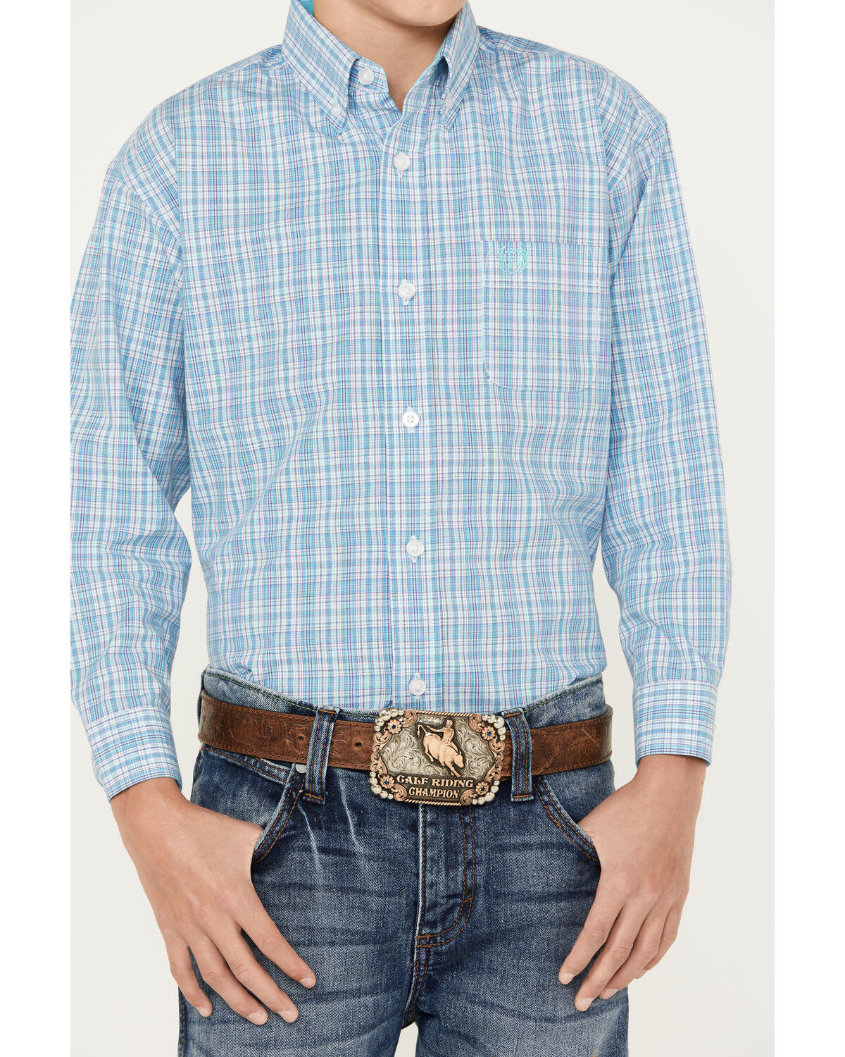 Image #3 - Panhandle Select Boys' Small Plaid Print Long Sleeve Button Down Western Shirt, Turquoise, hi-res