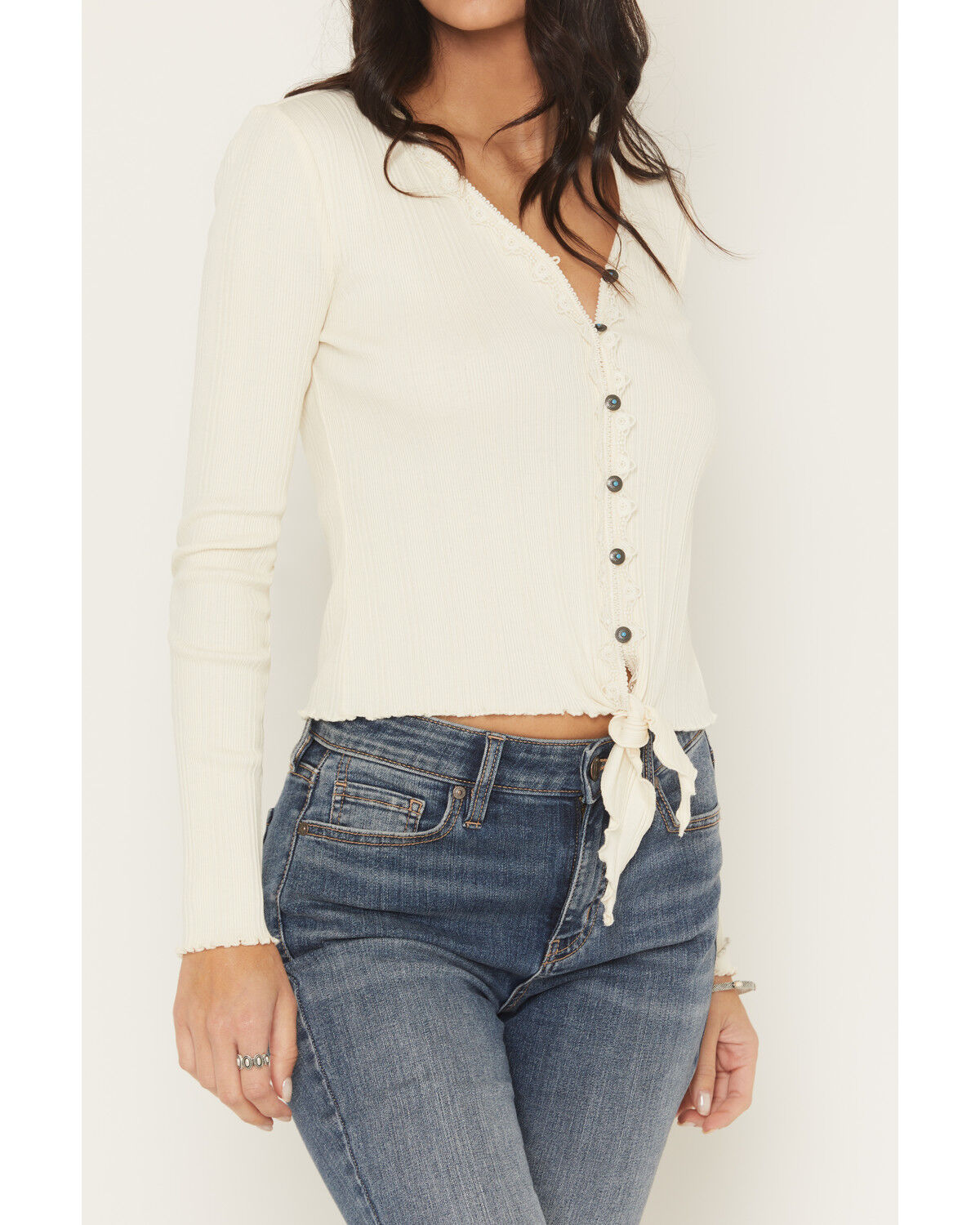 Image #3 - Shyanne Women's Lace Trim Tie-Front Long Sleeve Top, Cream, hi-res