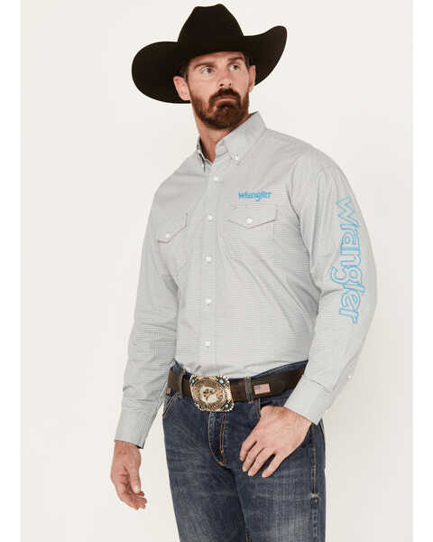 Image #1 - Wrangler Men's Team Logo Geo Print Long Sleeve Button Down Western Shirt, , hi-res