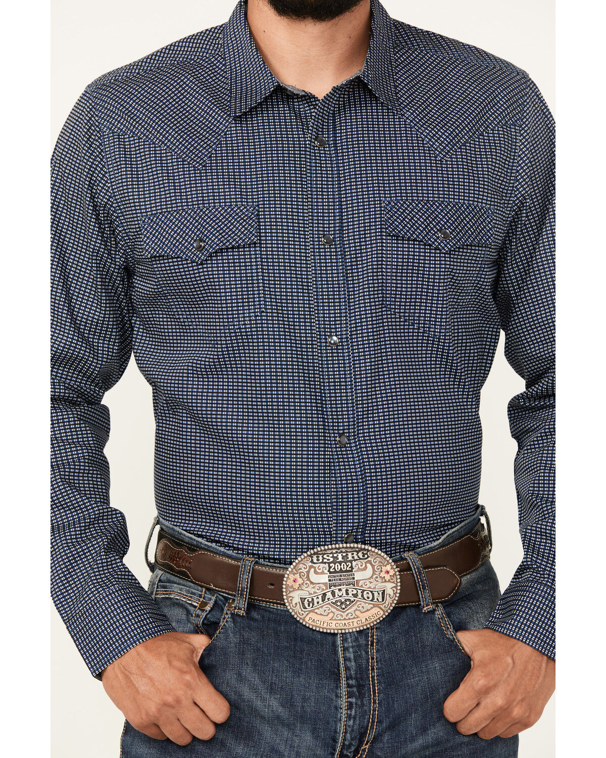 Image #3 - Cody James Men's Old West Checkered Print Long Sleeve Snap Western Shirt, Dark Blue, hi-res