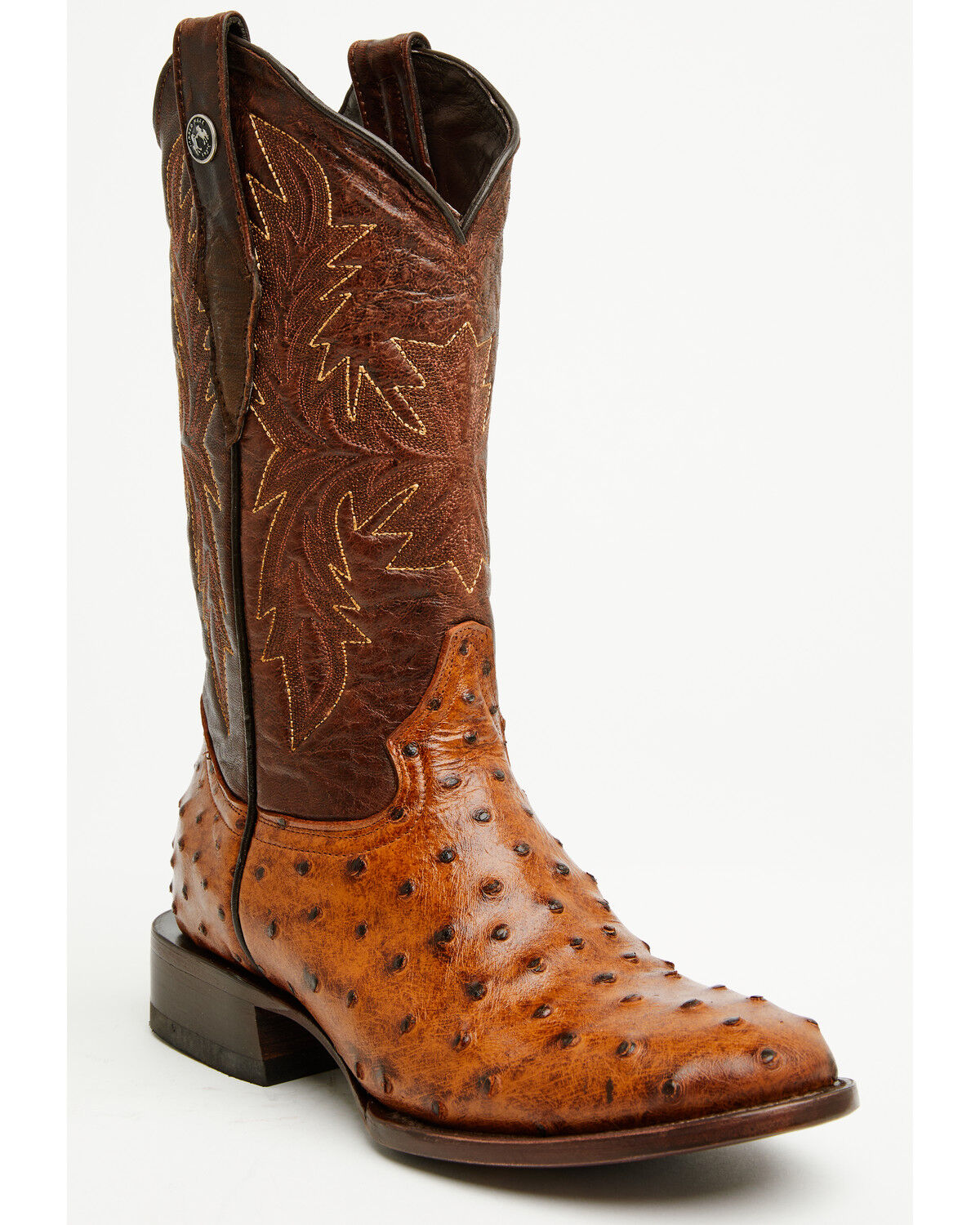 Image #1 - Tanner Mark Men's Ostrich Print Western Boots - Broad Square Toe, Cognac, hi-res