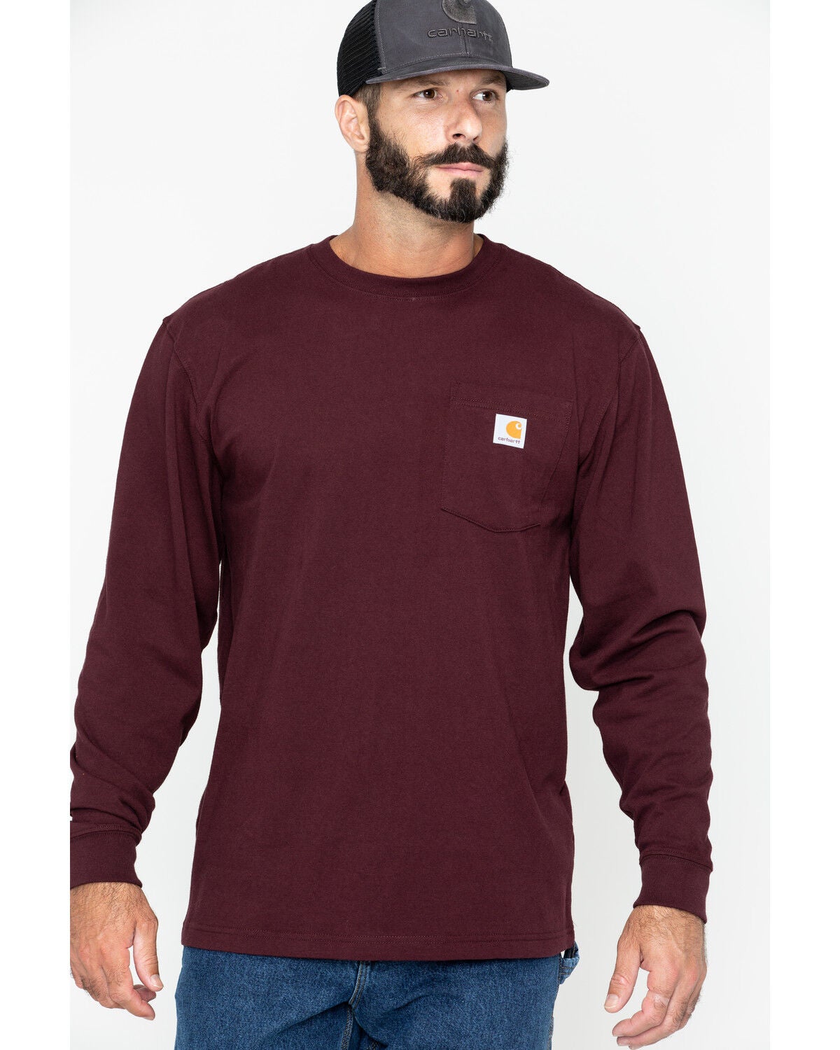 Carhartt Men's Loose Fit Heavyweight Long Sleeve Logo Pocket Work T-Shirt, Port, hi-res