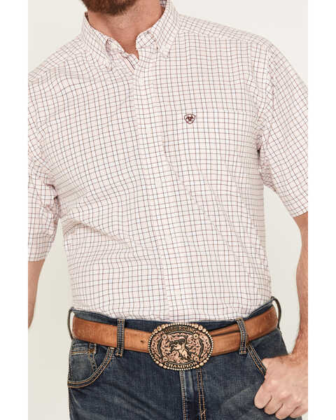 Ariat Men's Anson Plaid Print Classic Fit Short Sleeve Button-Down Western Shirt, Light Pink, hi-res