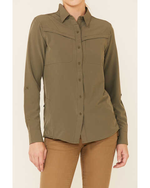Wrangler ATG Women's All-Terrain Mixed Materials Long Sleeve Button Down Western Core Shirt , Olive, hi-res