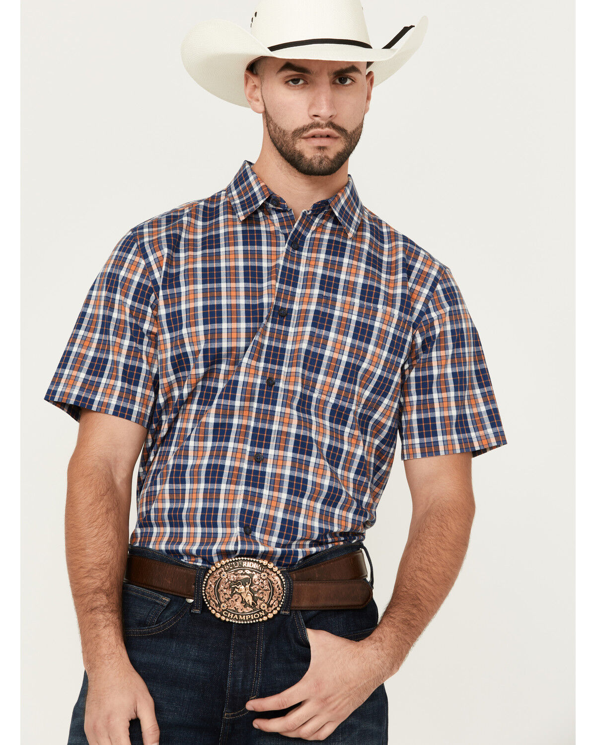 Image #1 - Cody James Men's Tequila Sunrise Plaid Print Short Sleeve Button-Down Stretch Western Shirt, Navy, hi-res
