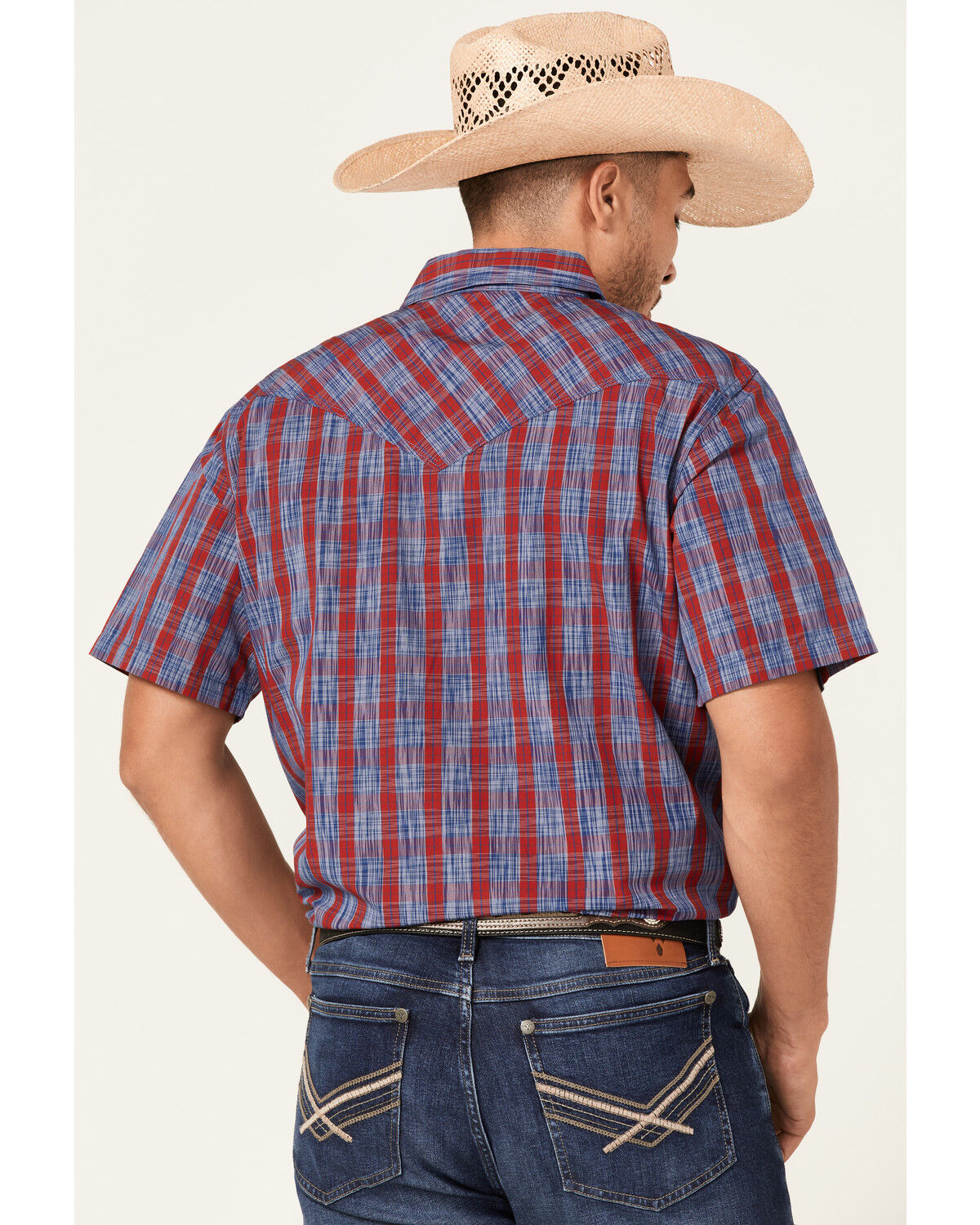 Image #4 - Moonshine Spirit Men's Roja Plaid Print Short Sleeve Snap Western Shirt, Navy, hi-res