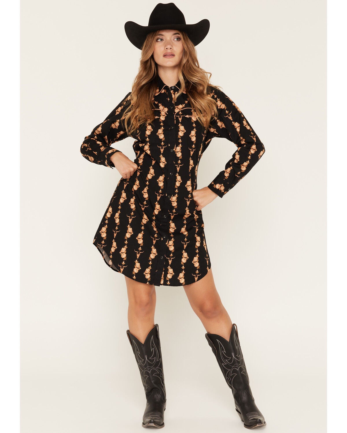 Ely & Walker Women's Boot Barn Exclusive Floral Striped Long Sleeve Snap Midi Dress, Black, hi-res