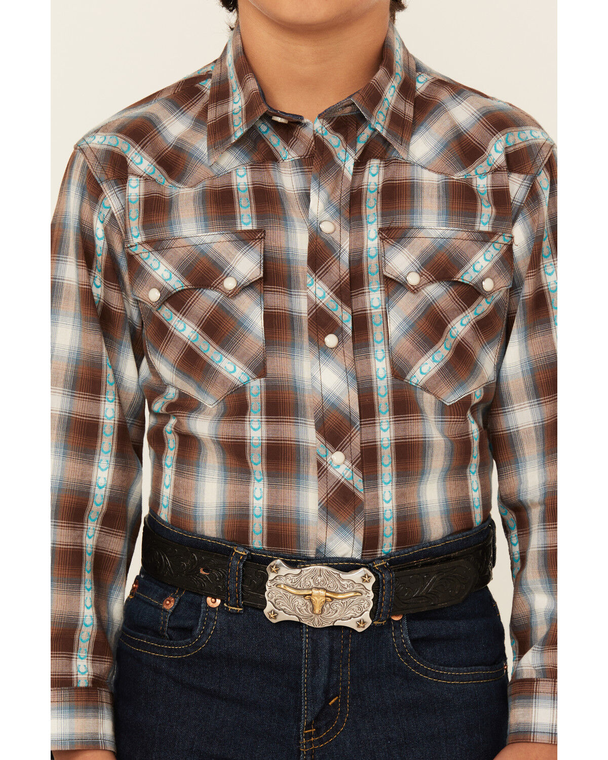 Image #3 - Roper Boys' Plaid Print Horseshoe Long Sleeve Snap Western Shirt, Brown, hi-res