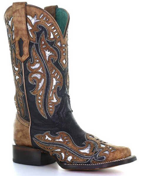 Corral Women's Metallic Inlay Embroidered Tall Western Boots - Square Toe, Black/brown, hi-res