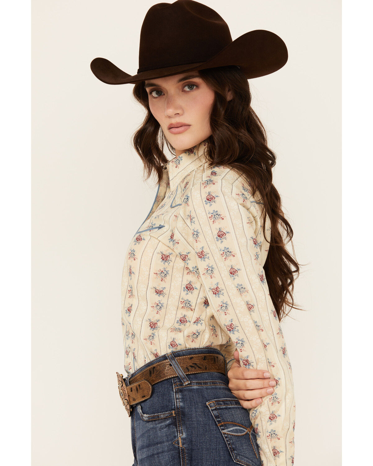 Image #2 - Roper Women's Floral Striped Long Sleeve Snap Western Shirt, Cream, hi-res