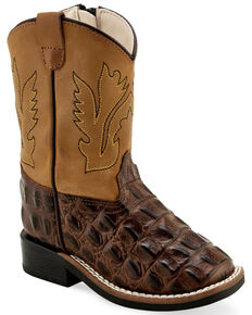 Old West Toddler Boys' Faux Horn Back Gator Print Western Boots - Wide Square Toe, Brown, hi-res