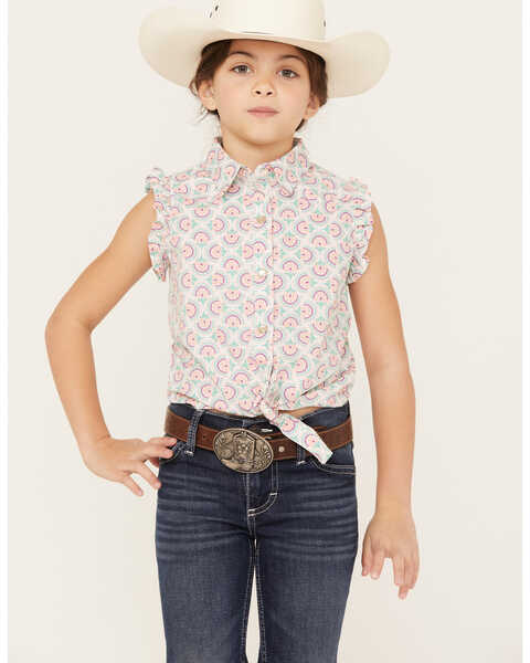 Wrangler Girls' Sleeveless Tie Front Pearl Snap Western Shirt, Teal, hi-res
