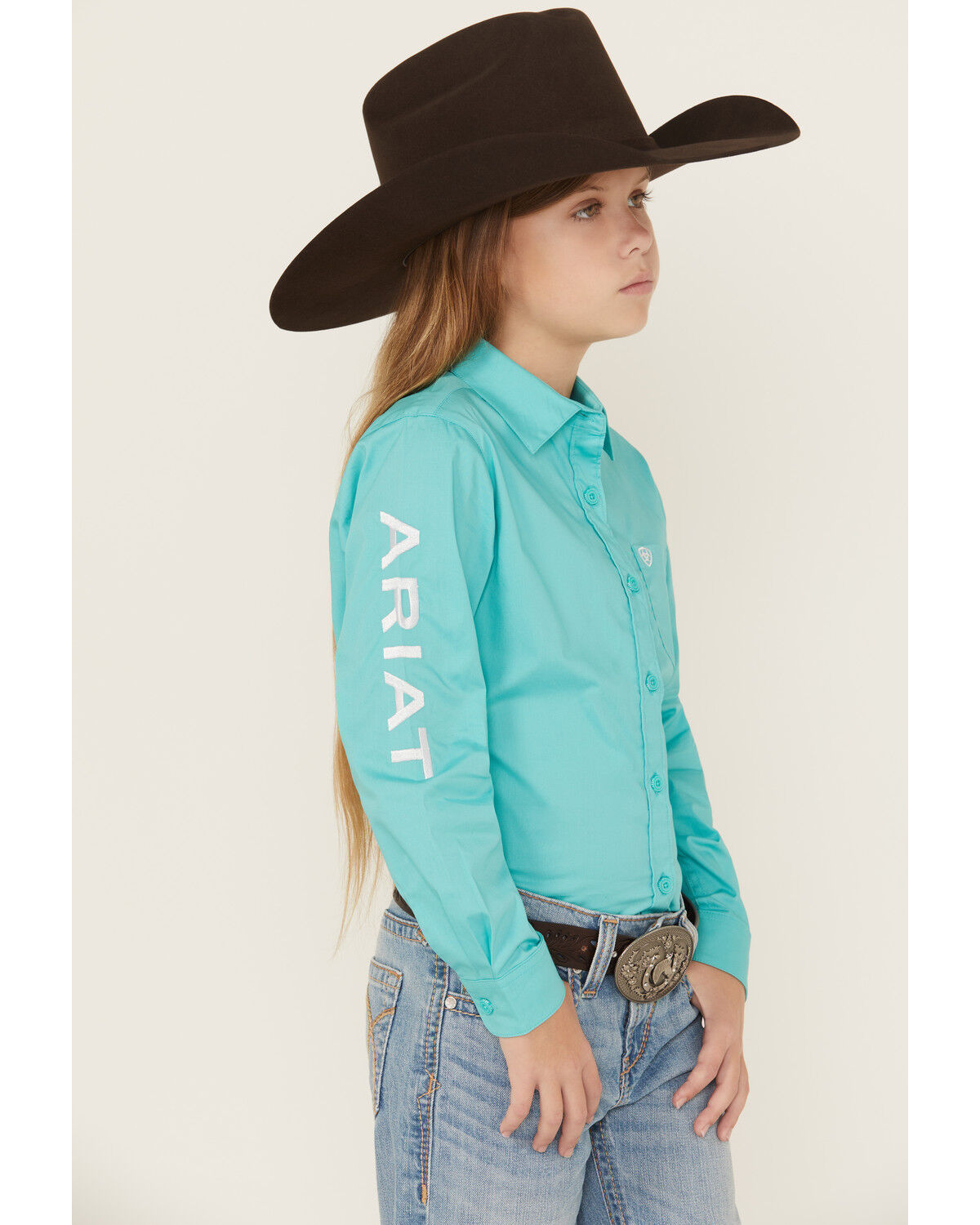 Image #2 - Ariat Girls' Team Kirby Solid Logo Long Sleeve Button-Down Stretch Western Shirt, Turquoise, hi-res