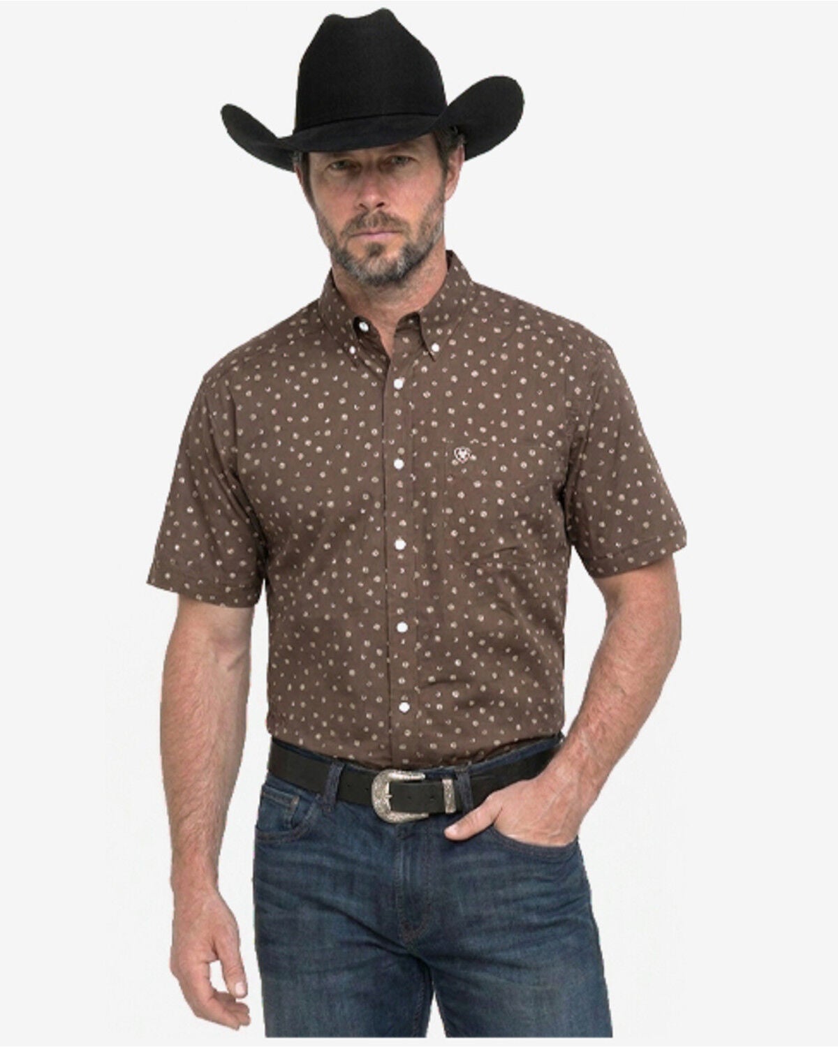 Ariat Men's Boot Barn Exclusive Ludwig Tossed Western Print Short Sleeve Button-Down Western Shirt, Brown, hi-res