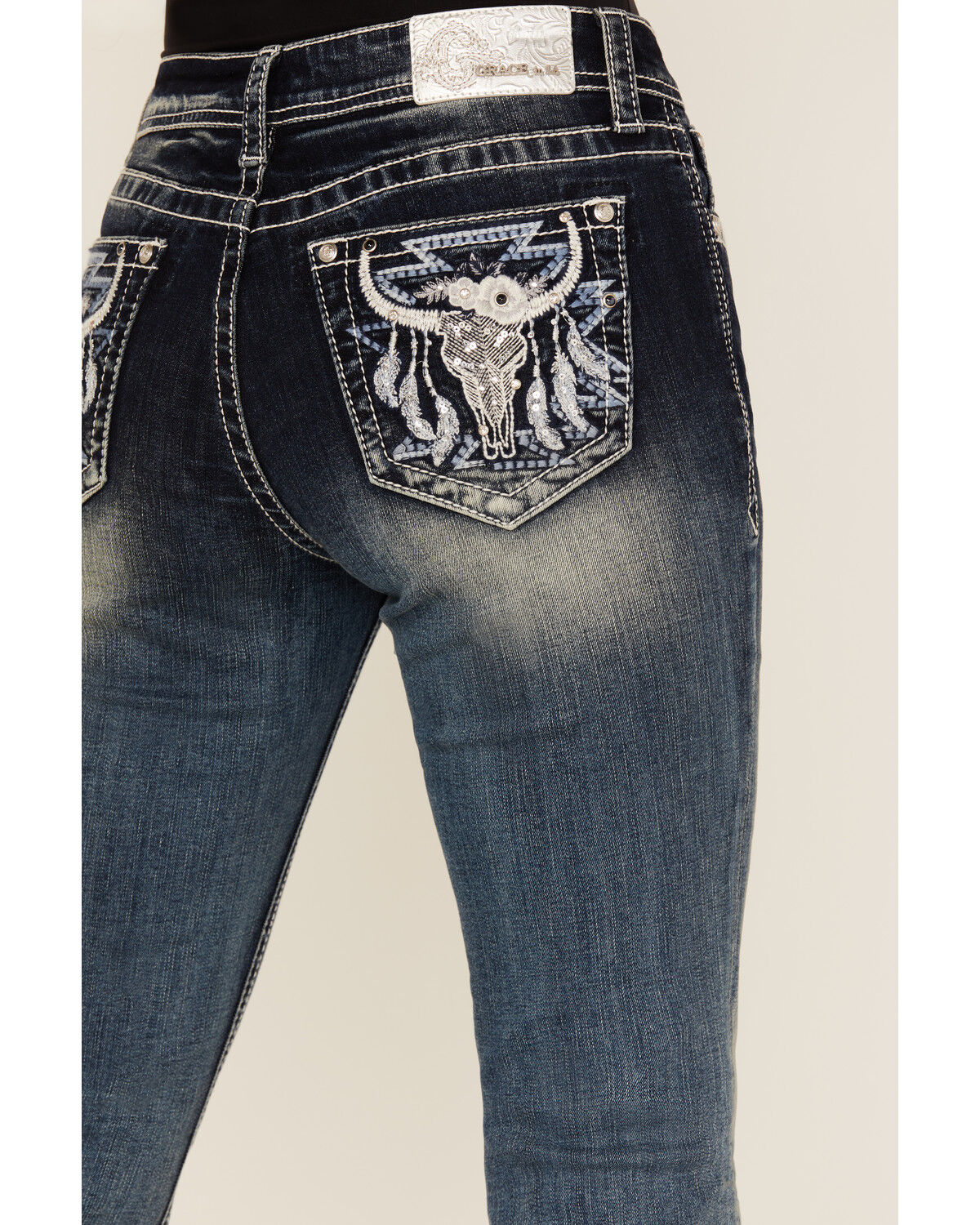 Image #2 - Grace In LA Women's Medium Wash Steerhead Embroidered Mid Rise Bootcut Stretch Denim Jeans, Medium Wash, hi-res