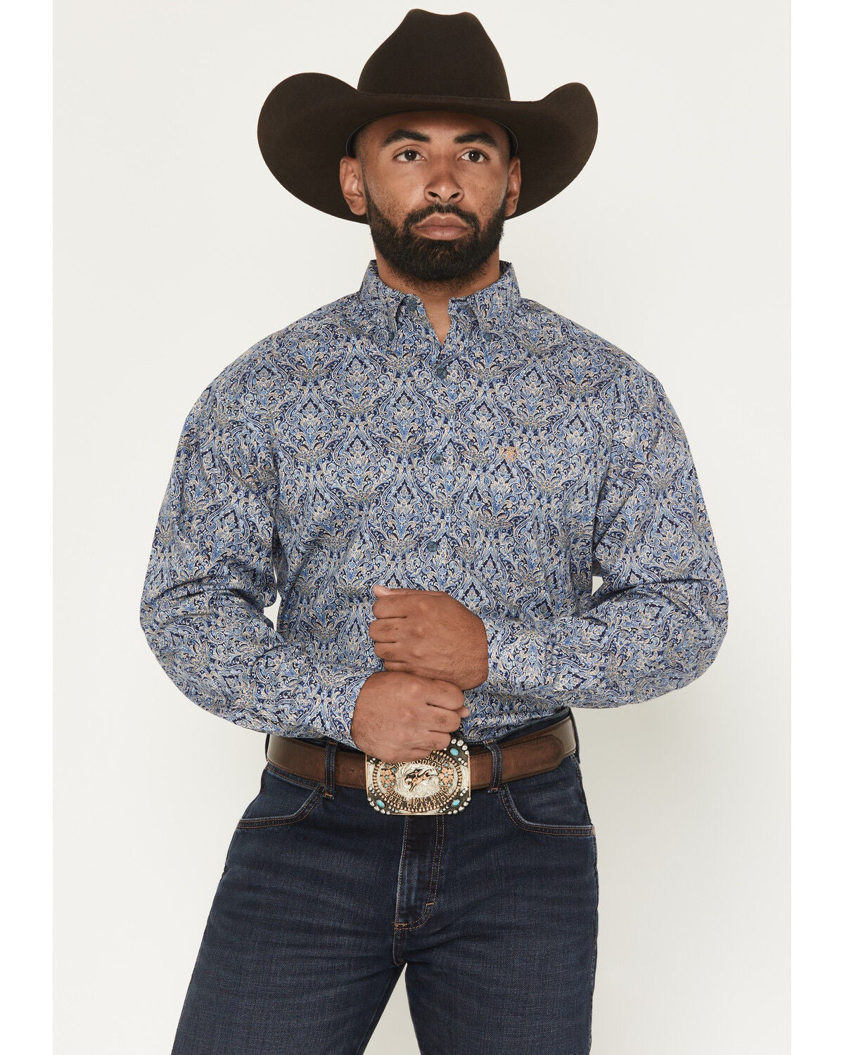 Ariat Men's Stoney Paisley Print Long Sleeve Button-Down Western Shirt, Blue, hi-res