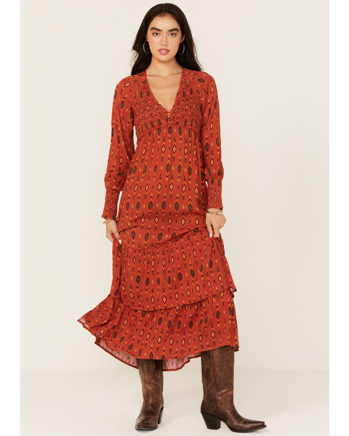 Image #1 - Panhandle Women's Southwestern Print Long Sleeve Midi Dress, Rust Copper, hi-res