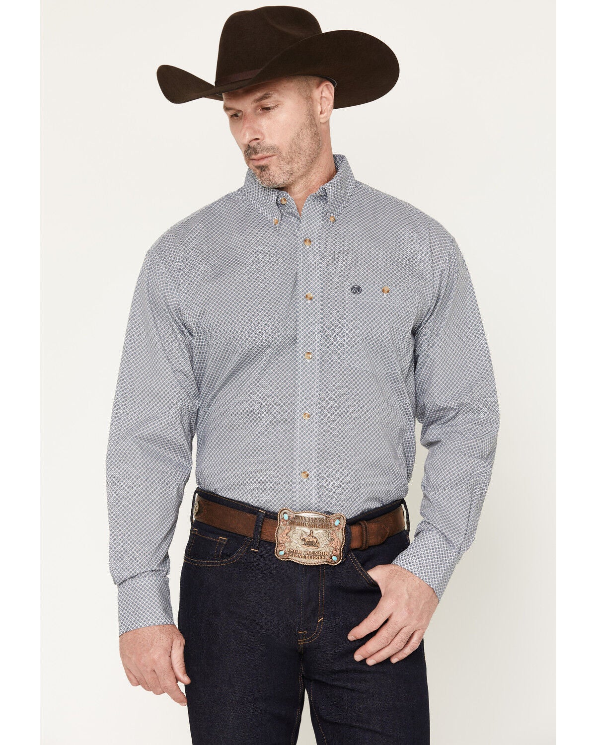 Image #1 - Wrangler Men's Geo Print Long Sleeve Button-Down Western Shirt - Big, Teal, hi-res