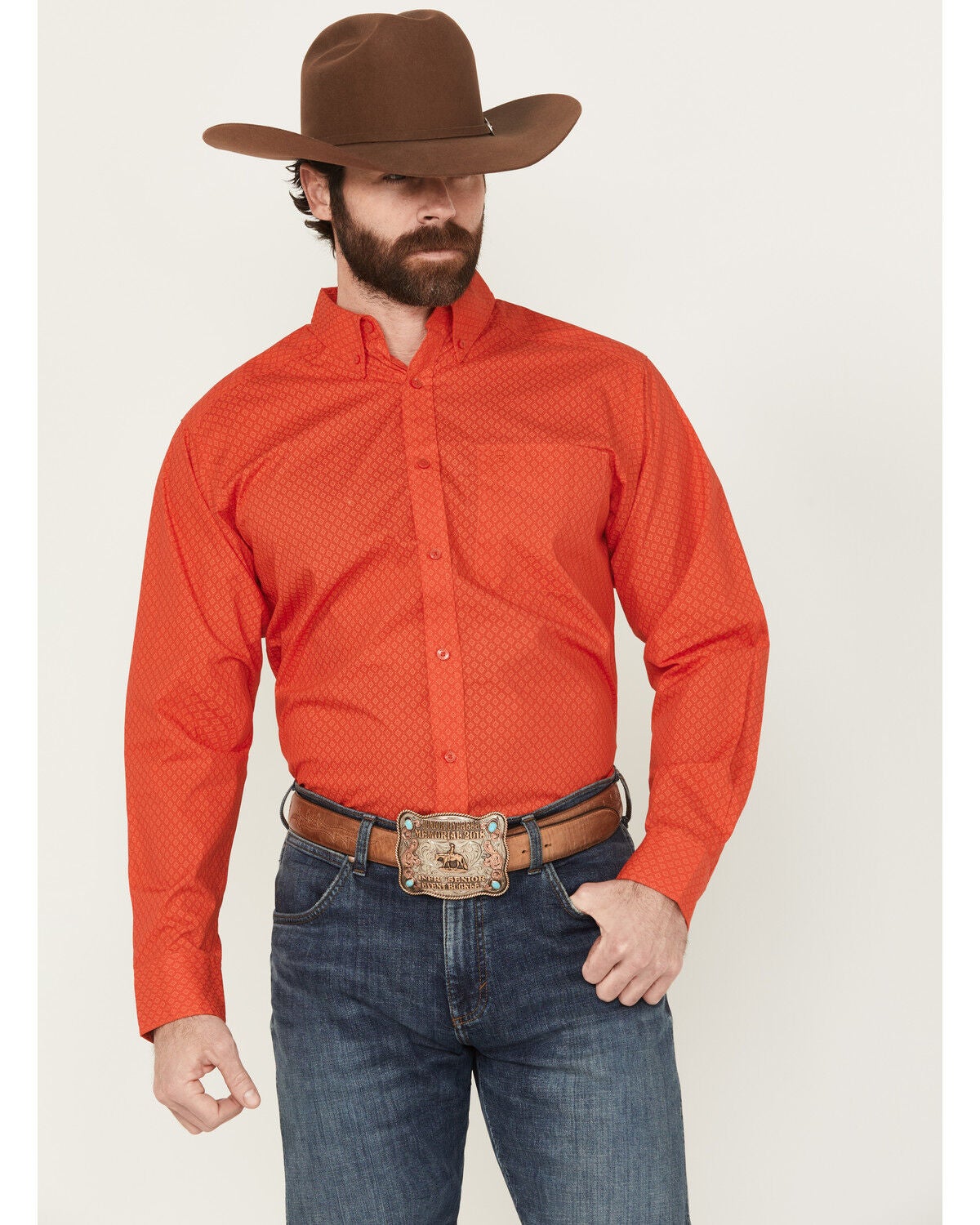 Ariat Men's Waylen Geo Print Long Sleeve Button-Down Western Shirt, Red, hi-res
