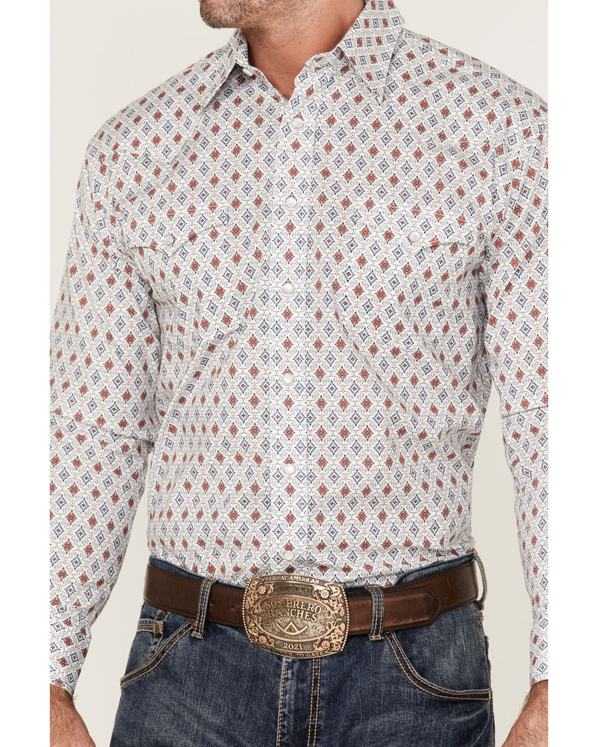 Image #3 - Rough Stock By Panhandle Men's Fancy Diamond Print Long Sleeve Pearl Snap Western Shirt, Orange, hi-res