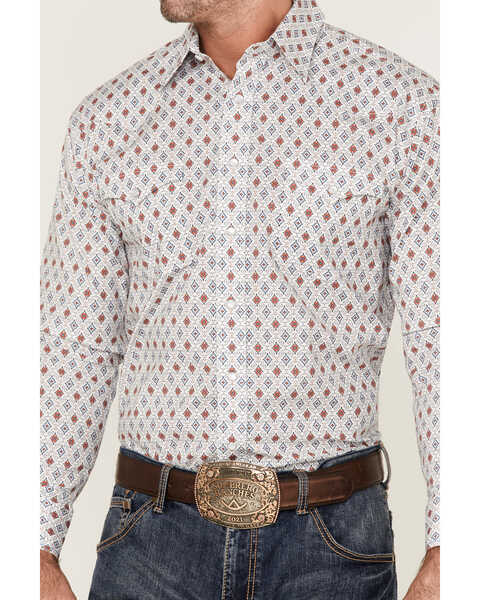 Rough Stock By Panhandle Men's Fancy Diamond Print Long Sleeve Pearl Snap Western Shirt , Orange, hi-res