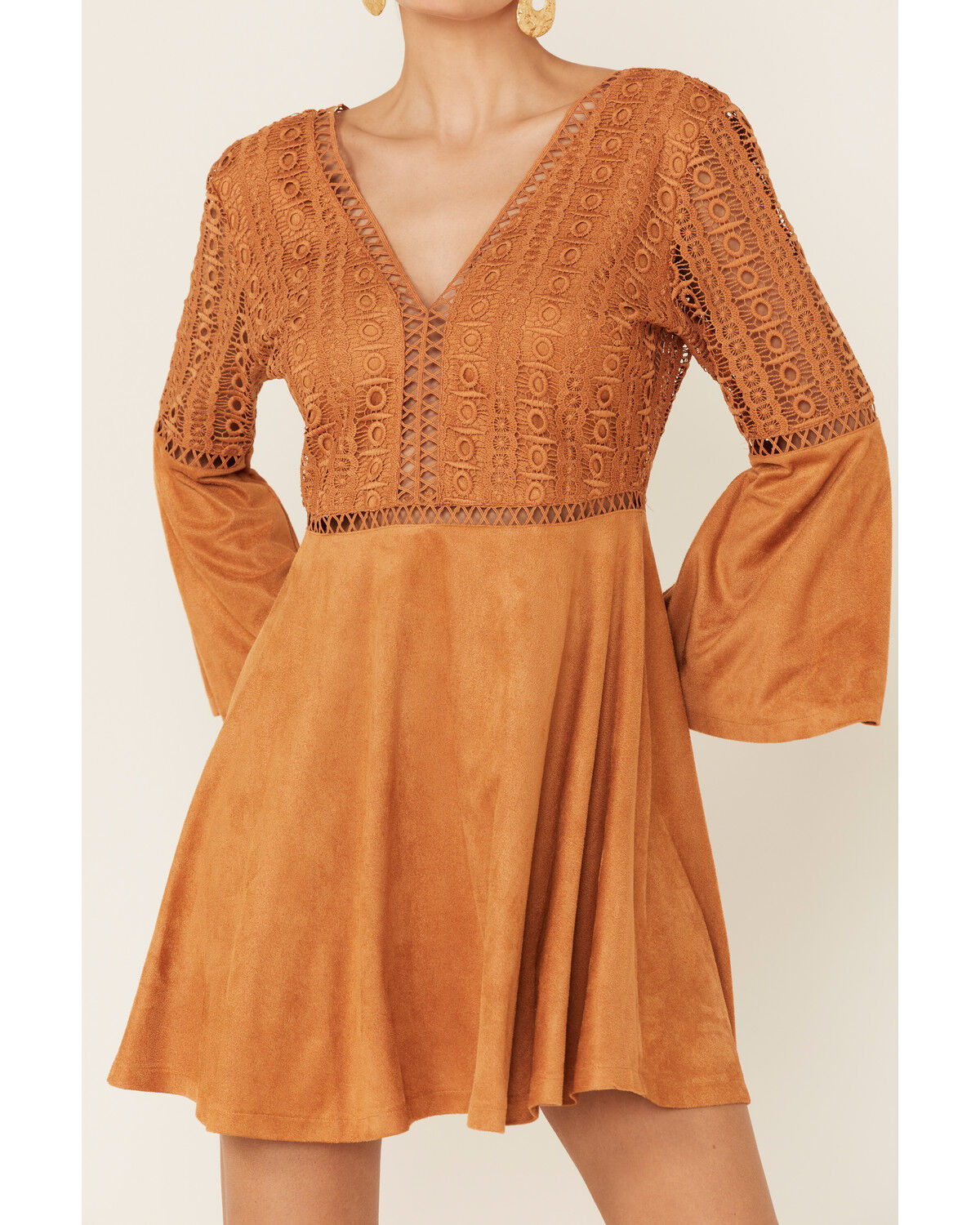 Image #2 - Beyond The Radar Women's Cut-Out Bell Sleeve Mini Dress, Tan, hi-res