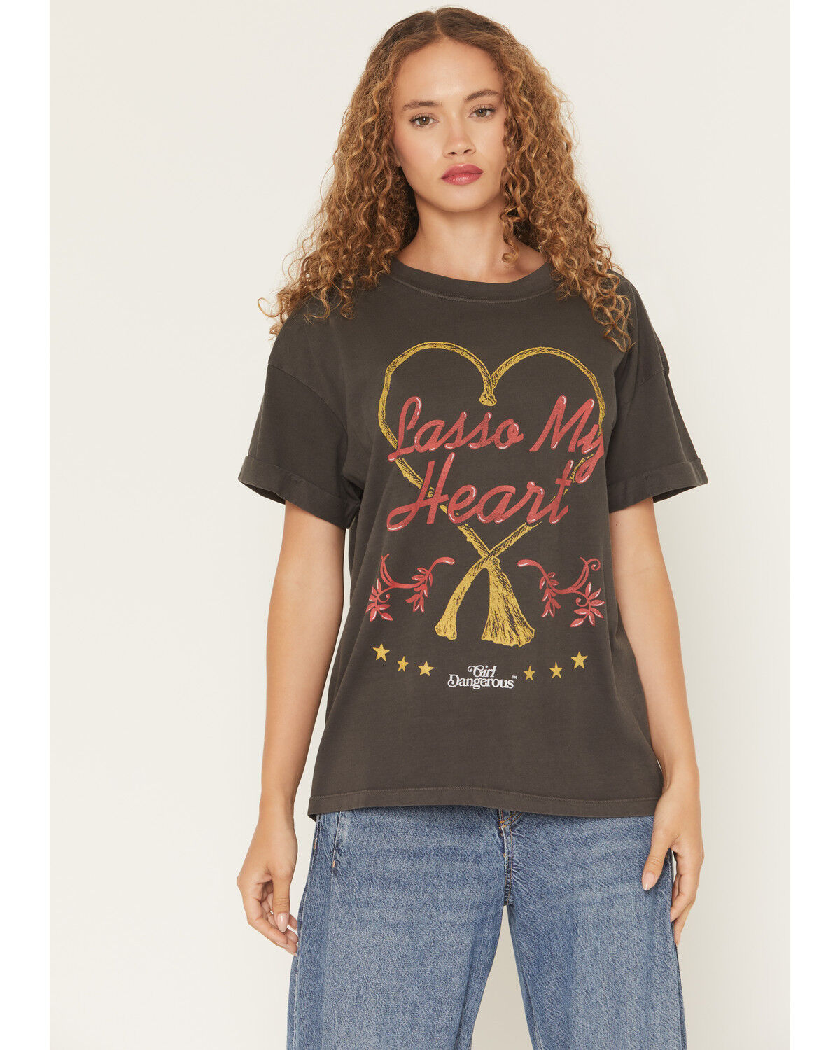 Image #1 - Girl Dangerous Women's Lasso My Heart Short Sleeve Graphic Tee, Black, hi-res