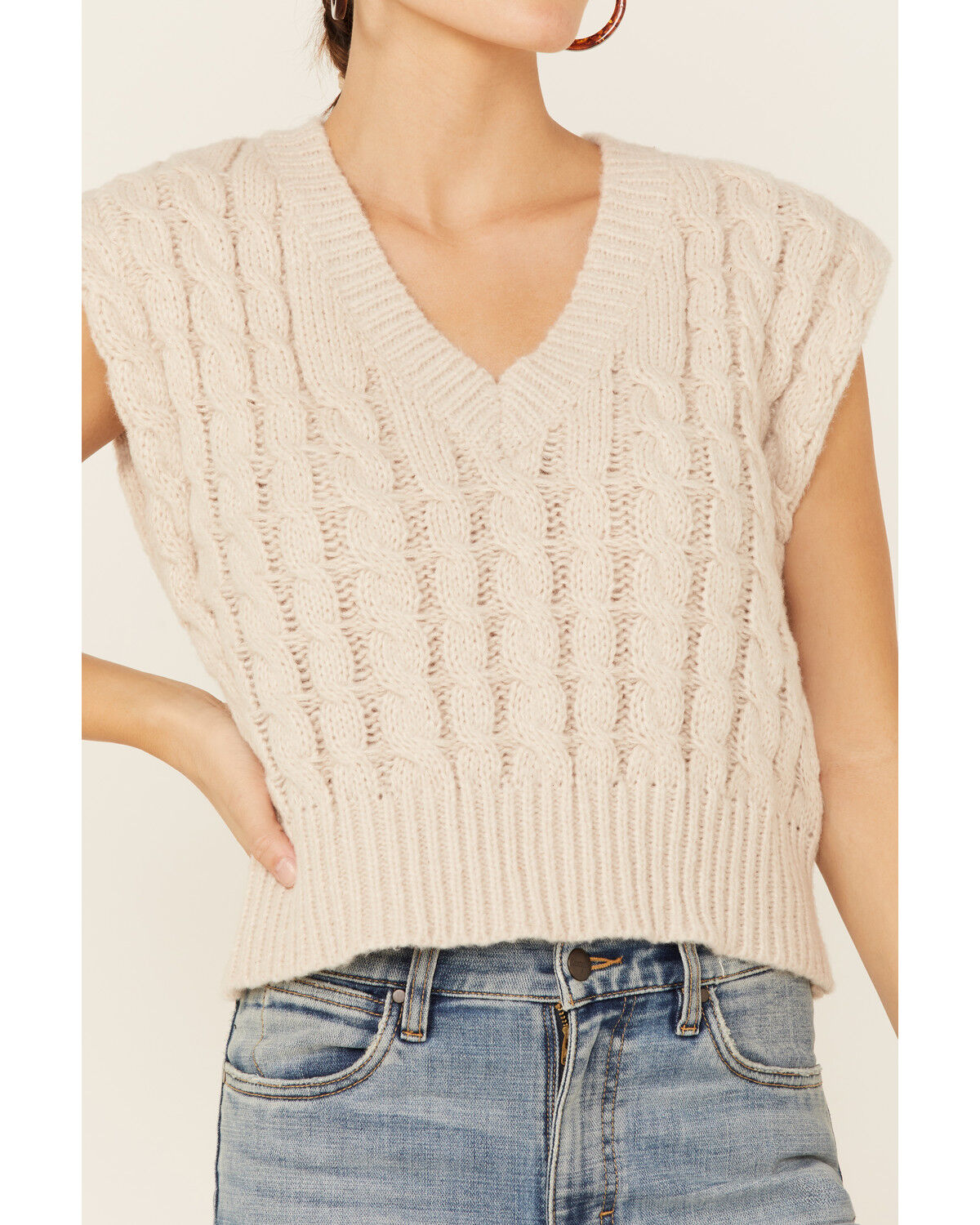 Image #2 - Very J Women's Oatmeal Cable Knit Cropped Sweater Vest, , hi-res