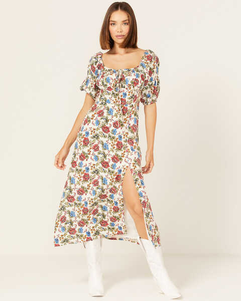 Rock & Roll Denim Women's Floral Print Puff Sleeve Dress, Red/white/blue, hi-res