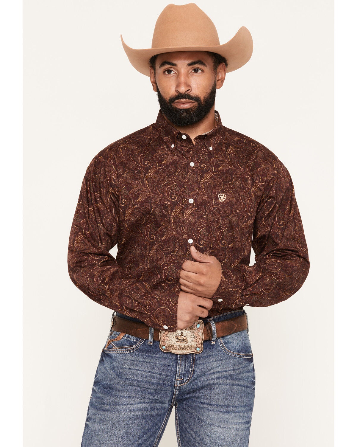Ariat Men's Boot Barn Exclusive Reva Wrinkle Free Paisley Print Long Sleeve Button-Down Western Shirt, Burgundy, hi-res