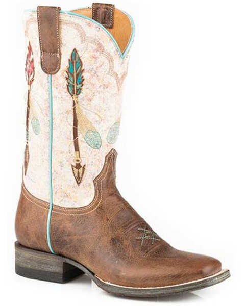 Roper Women's Arrow Feather Embroidered Overlay Western Boots - Square Toe , Tan, hi-res